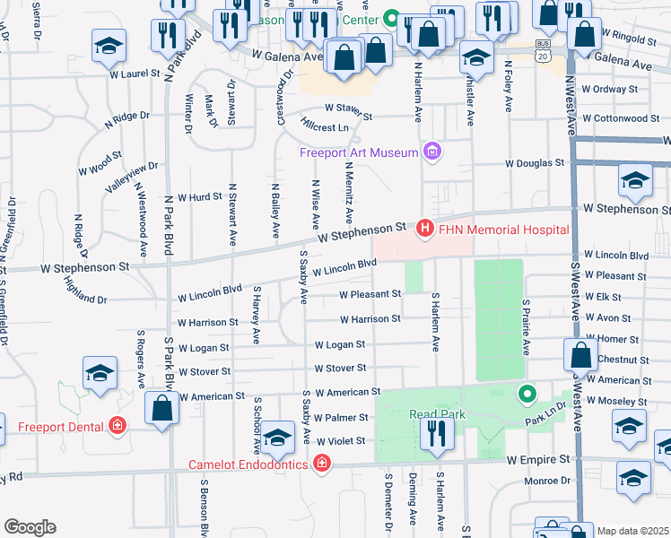 map of restaurants, bars, coffee shops, grocery stores, and more near 1233 West Lincoln Boulevard in Freeport