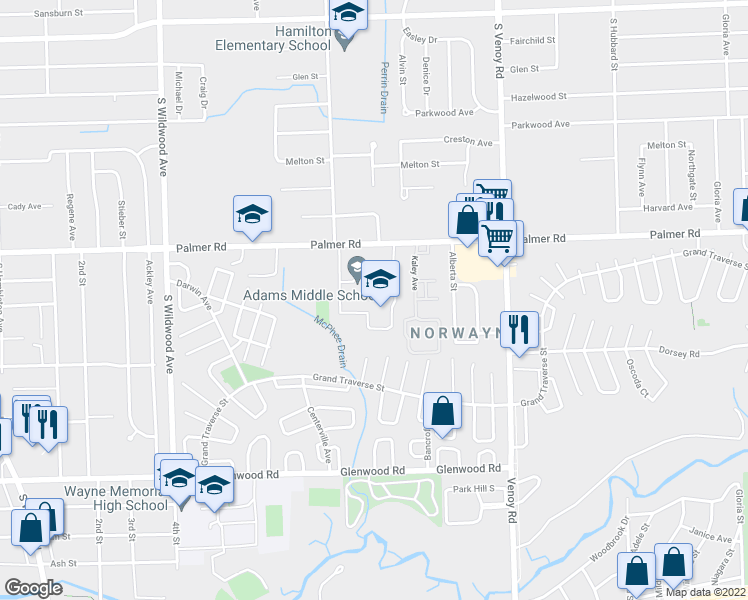 map of restaurants, bars, coffee shops, grocery stores, and more near 33475 Palmer Road in Westland