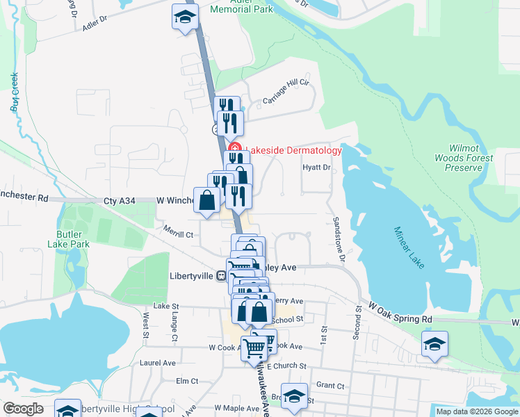 map of restaurants, bars, coffee shops, grocery stores, and more near 202 East Ellis Avenue in Libertyville