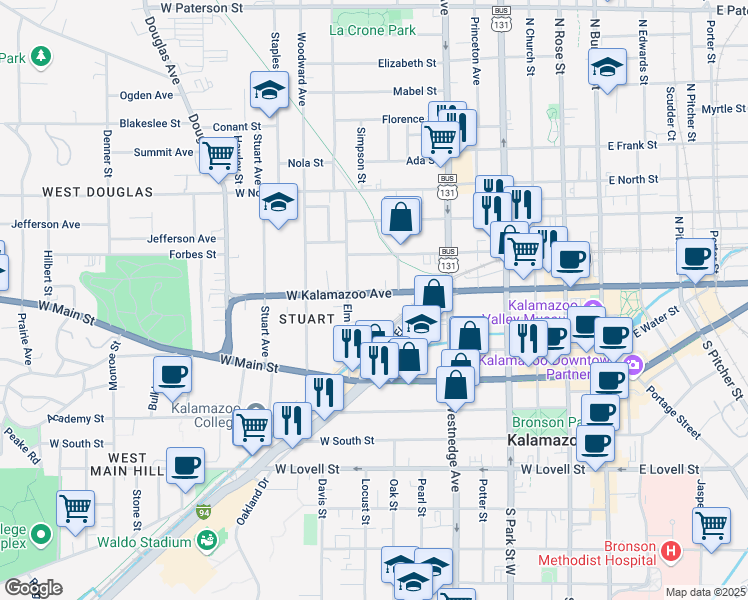 map of restaurants, bars, coffee shops, grocery stores, and more near 709 West Kalamazoo Avenue in Kalamazoo
