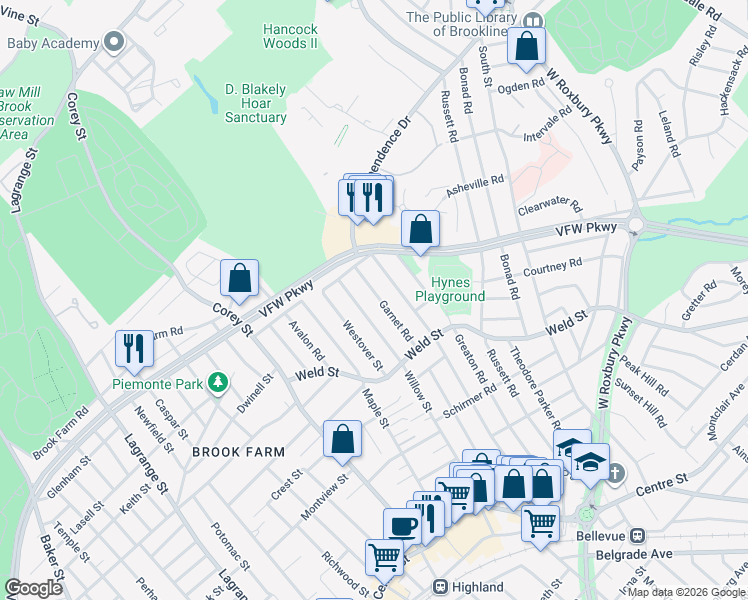 map of restaurants, bars, coffee shops, grocery stores, and more near 60 Garnet Road in Boston