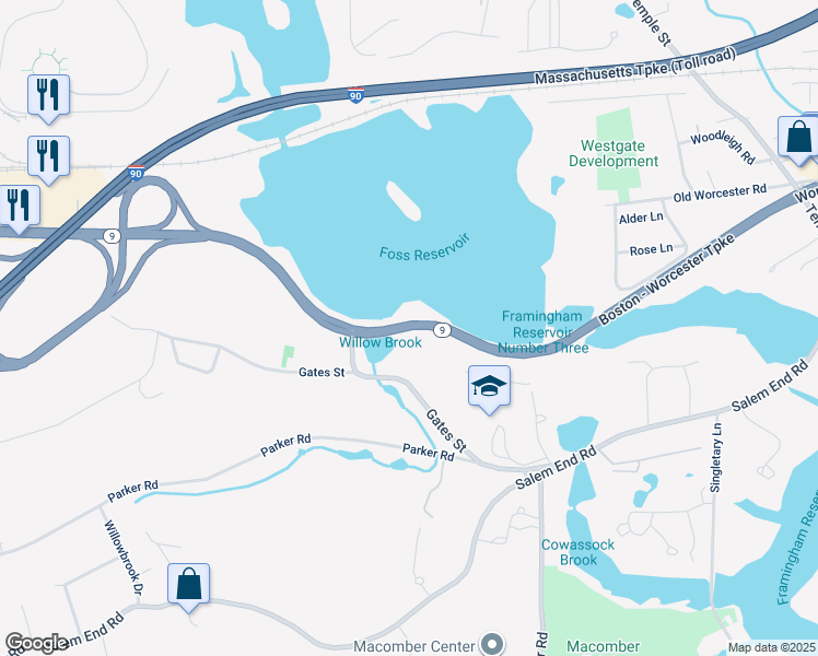 map of restaurants, bars, coffee shops, grocery stores, and more near 1562 Worcester Road in Framingham