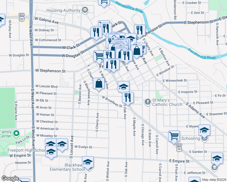 map of restaurants, bars, coffee shops, grocery stores, and more near 2 West Washington Place in Freeport