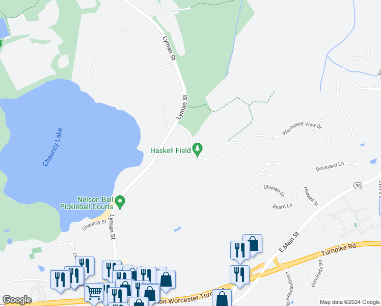 map of restaurants, bars, coffee shops, grocery stores, and more near 60 Haskell Street in Westborough