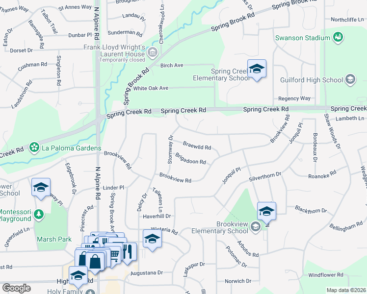 map of restaurants, bars, coffee shops, grocery stores, and more near 4846 Brigadoon Road in Rockford