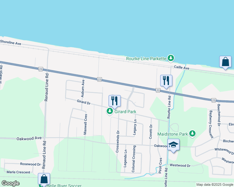 map of restaurants, bars, coffee shops, grocery stores, and more near 1420 McMahon Crescent in Belle River