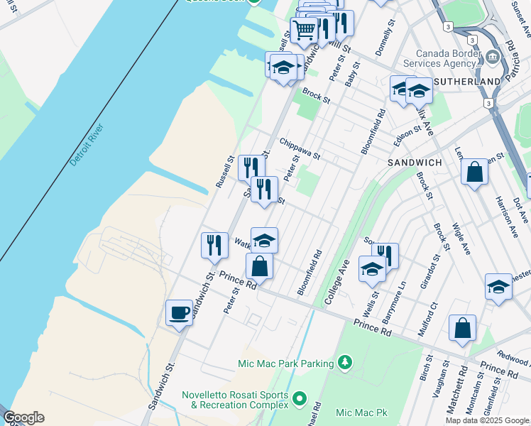 map of restaurants, bars, coffee shops, grocery stores, and more near 3540 Peter Street in Windsor