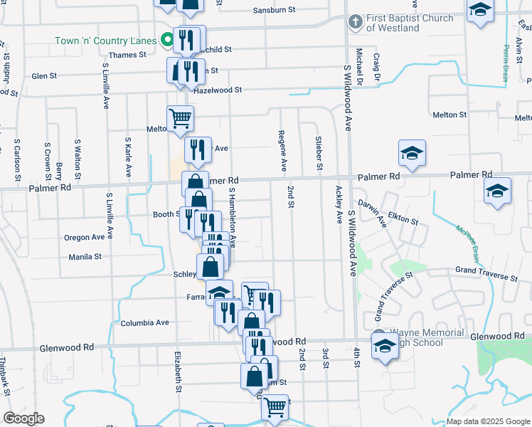 map of restaurants, bars, coffee shops, grocery stores, and more near 1944 South Christine Avenue in Westland