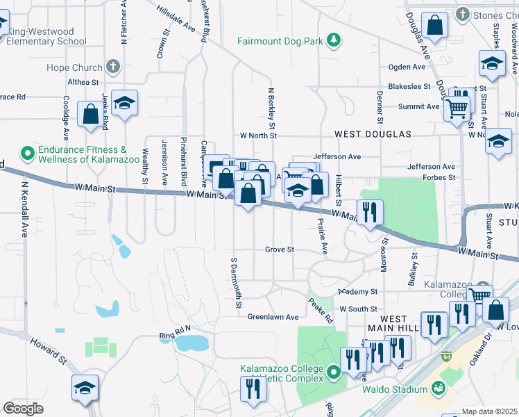 map of restaurants, bars, coffee shops, grocery stores, and more near 227 North Clarendon Street in Kalamazoo