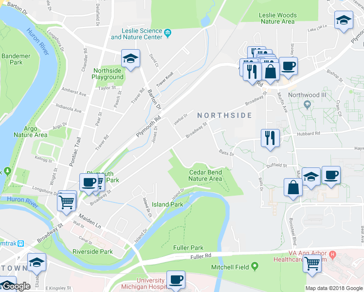 map of restaurants, bars, coffee shops, grocery stores, and more near 1612 Broadway Street in Ann Arbor