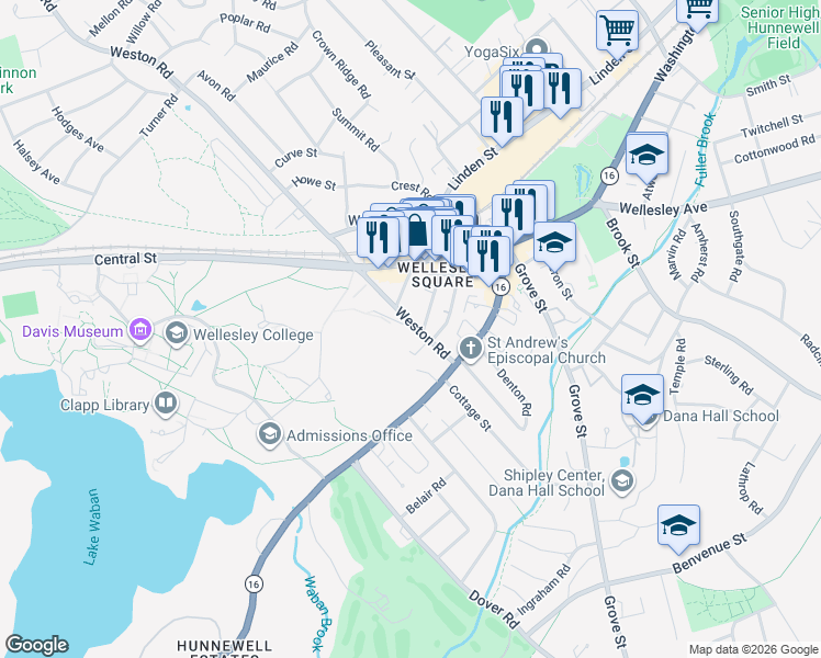 map of restaurants, bars, coffee shops, grocery stores, and more near 34 Weston Road in Wellesley