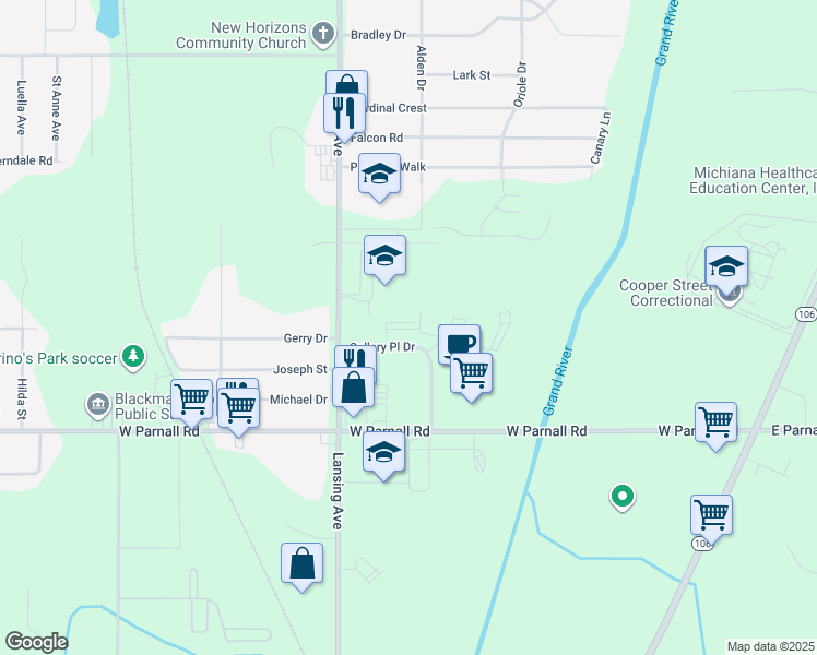 map of restaurants, bars, coffee shops, grocery stores, and more near 1406 Gallery Place Drive in Jackson