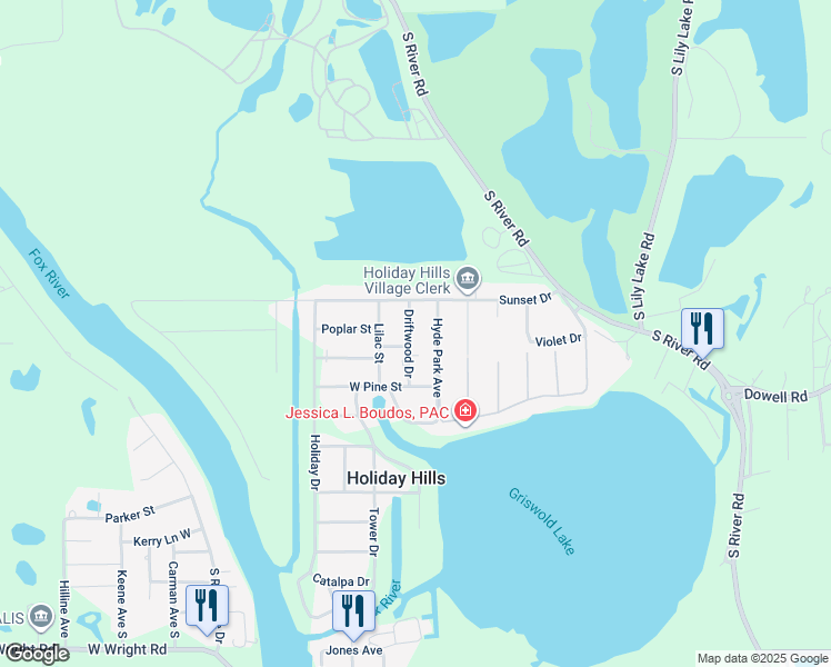 map of restaurants, bars, coffee shops, grocery stores, and more near 2412 Driftwood Drive in Holiday Hills
