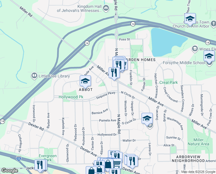 map of restaurants, bars, coffee shops, grocery stores, and more near 1260 Patricia Avenue in Ann Arbor