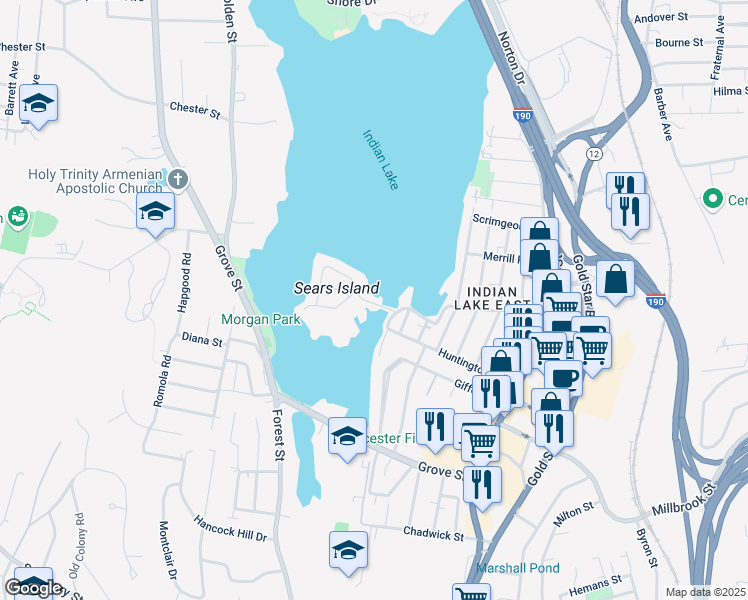 map of restaurants, bars, coffee shops, grocery stores, and more near 9A Sears Island Drive in Worcester