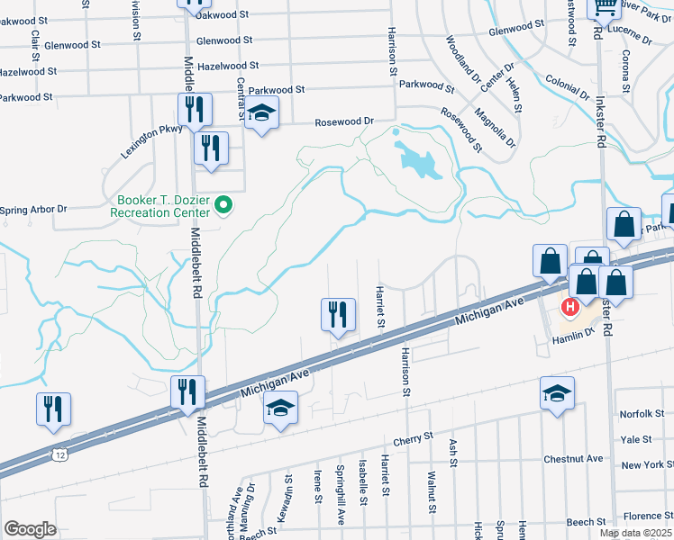 map of restaurants, bars, coffee shops, grocery stores, and more near 2194 Spring Hill Avenue in Inkster