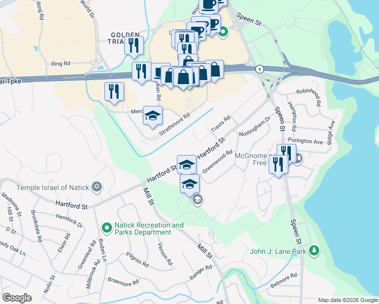 map of restaurants, bars, coffee shops, grocery stores, and more near 81 Hartford Street in Natick