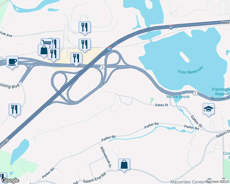 map of restaurants, bars, coffee shops, grocery stores, and more near 69 Gates Street in Framingham