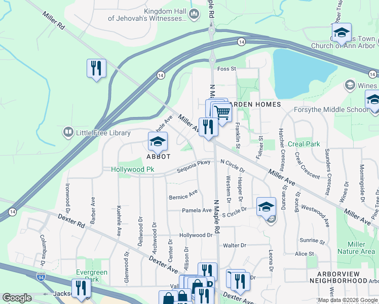 map of restaurants, bars, coffee shops, grocery stores, and more near 1260 Patricia Avenue in Ann Arbor