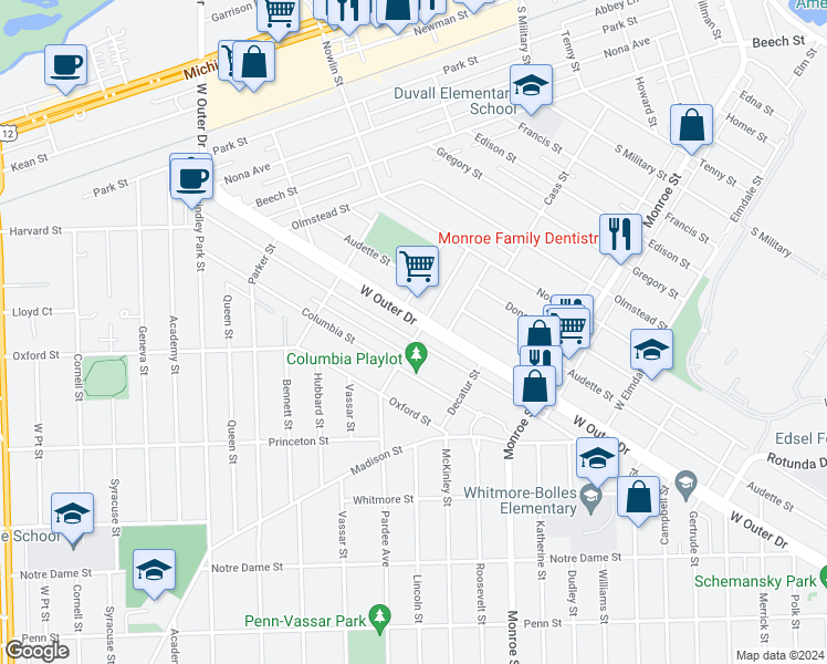 map of restaurants, bars, coffee shops, grocery stores, and more near 22400 Cleveland Street in Dearborn
