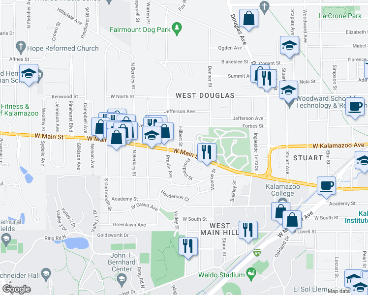 map of restaurants, bars, coffee shops, grocery stores, and more near 308 Hilbert Street in Kalamazoo