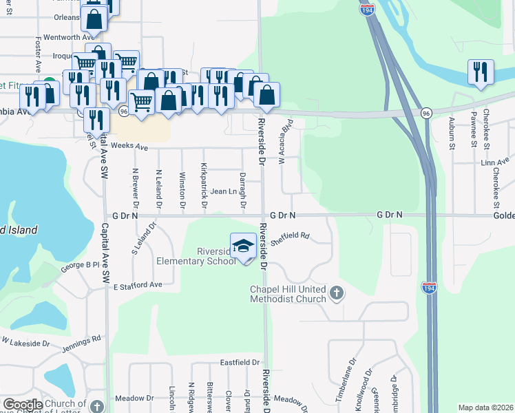 map of restaurants, bars, coffee shops, grocery stores, and more near 594 Riverside Drive in Battle Creek