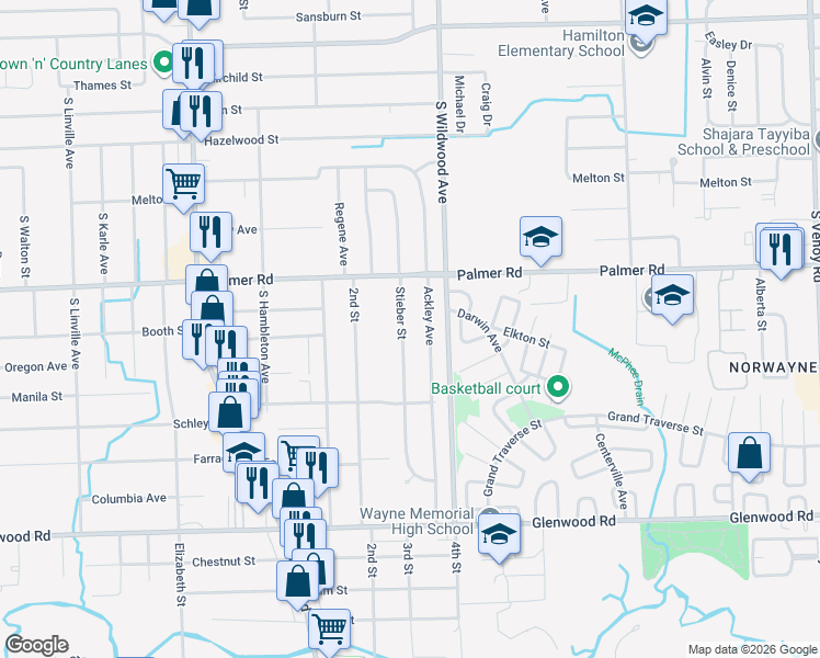 map of restaurants, bars, coffee shops, grocery stores, and more near 1992 Stieber Street in Westland