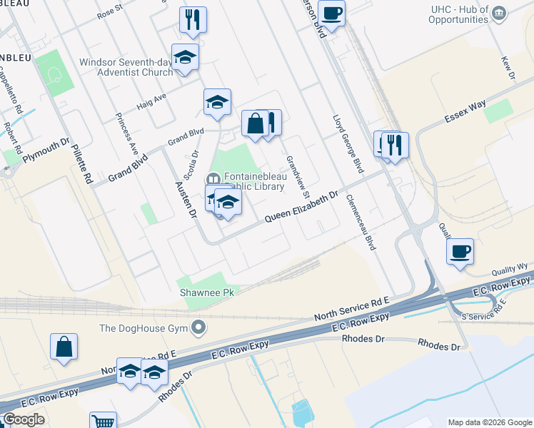 map of restaurants, bars, coffee shops, grocery stores, and more near 5460 Queen Elizabeth Drive in Windsor