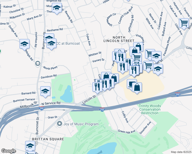 map of restaurants, bars, coffee shops, grocery stores, and more near 46 Beverly Road in Worcester