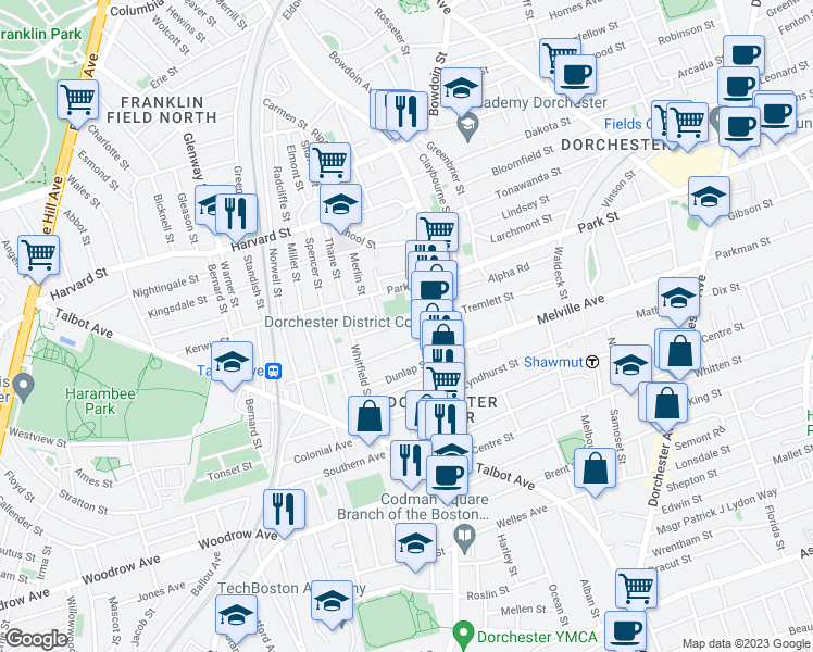 map of restaurants, bars, coffee shops, grocery stores, and more near 24 West Tremlett Street in Boston