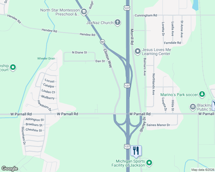 map of restaurants, bars, coffee shops, grocery stores, and more near 3342 Clinton Way in Jackson