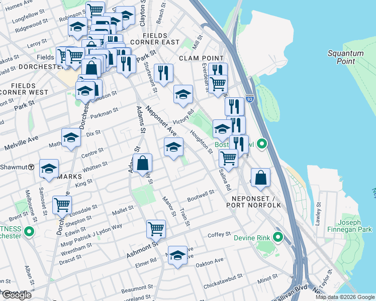 map of restaurants, bars, coffee shops, grocery stores, and more near 135 Neponset Avenue in Boston