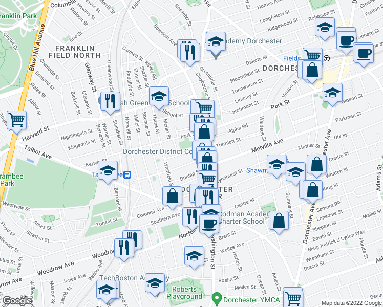 map of restaurants, bars, coffee shops, grocery stores, and more near 19 Wheatland Avenue in Boston