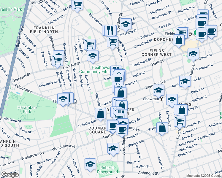 map of restaurants, bars, coffee shops, grocery stores, and more near 19 Wheatland Avenue in Boston