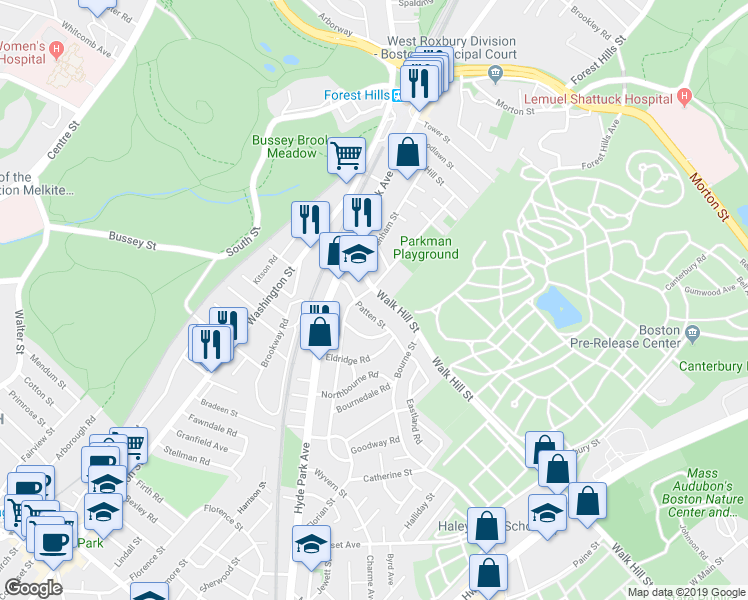 map of restaurants, bars, coffee shops, grocery stores, and more near 51-53 Walk Hill Street in Boston
