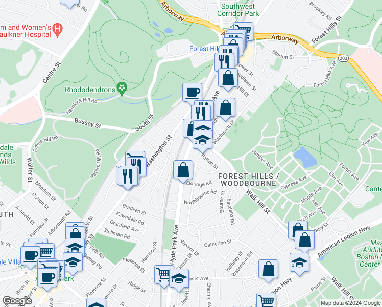 map of restaurants, bars, coffee shops, grocery stores, and more near 163 Wachusett Street in Boston