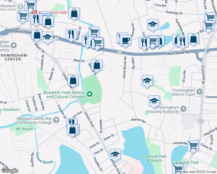 map of restaurants, bars, coffee shops, grocery stores, and more near 155 Walnut Street in Framingham