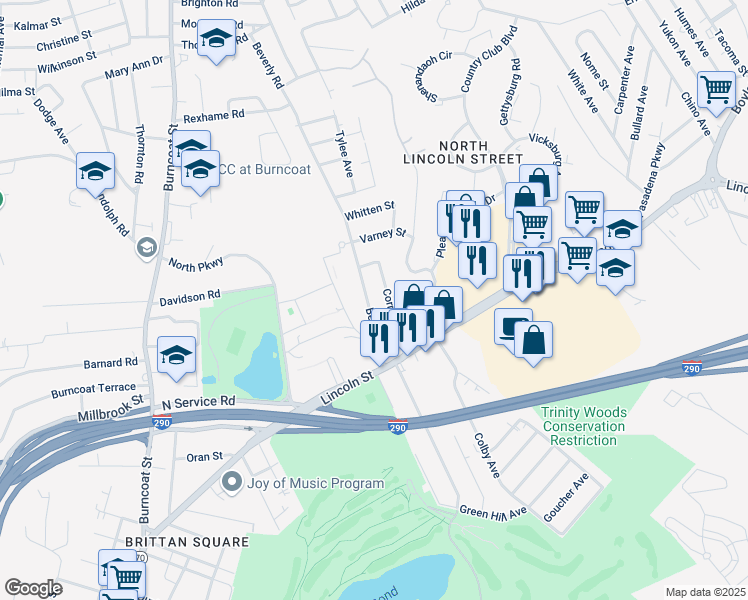 map of restaurants, bars, coffee shops, grocery stores, and more near 46 Beverly Road in Worcester