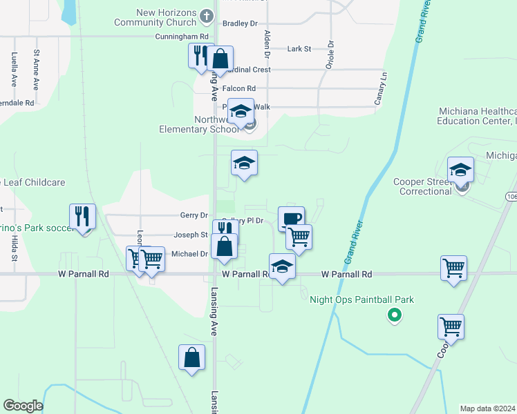 map of restaurants, bars, coffee shops, grocery stores, and more near 1406 Gallery Place Drive in Jackson