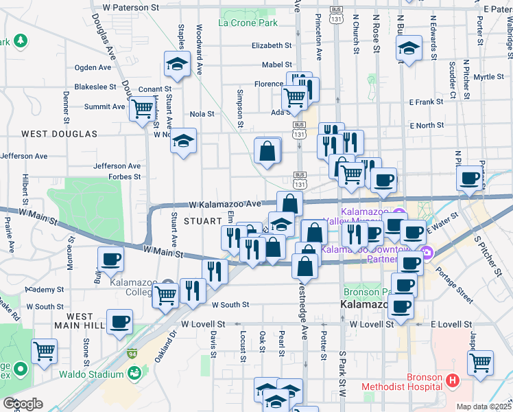 map of restaurants, bars, coffee shops, grocery stores, and more near 709 West Kalamazoo Avenue in Kalamazoo
