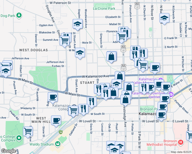 map of restaurants, bars, coffee shops, grocery stores, and more near 319 Elm Street in Kalamazoo