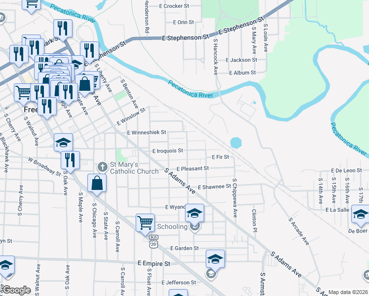 map of restaurants, bars, coffee shops, grocery stores, and more near 636 East Iroquois Street in Freeport