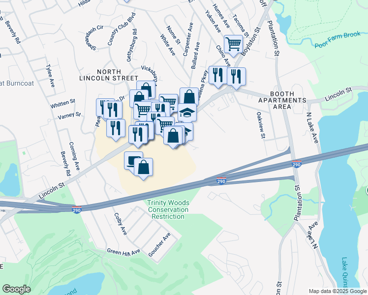 map of restaurants, bars, coffee shops, grocery stores, and more near 30 Tyler Prentice Road in Worcester