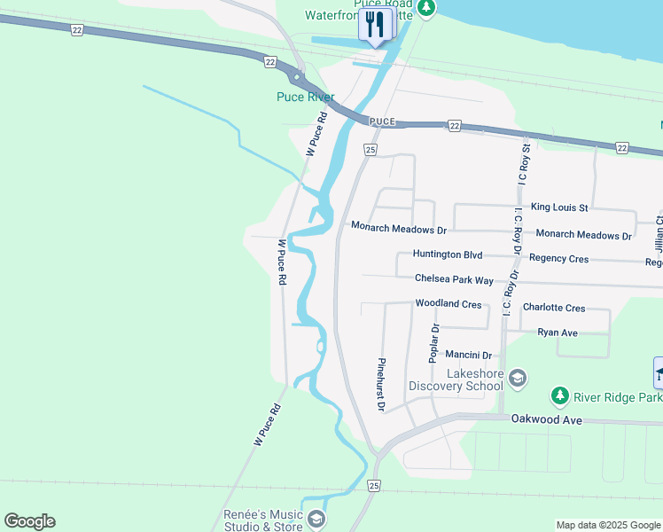 map of restaurants, bars, coffee shops, grocery stores, and more near 323 East Puce Road in Belle River