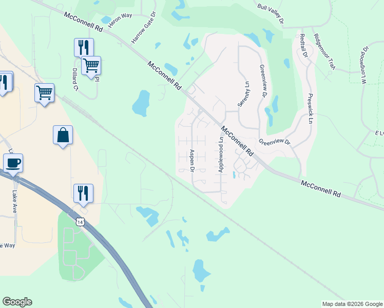 map of restaurants, bars, coffee shops, grocery stores, and more near 2210 Aspen Drive in Woodstock