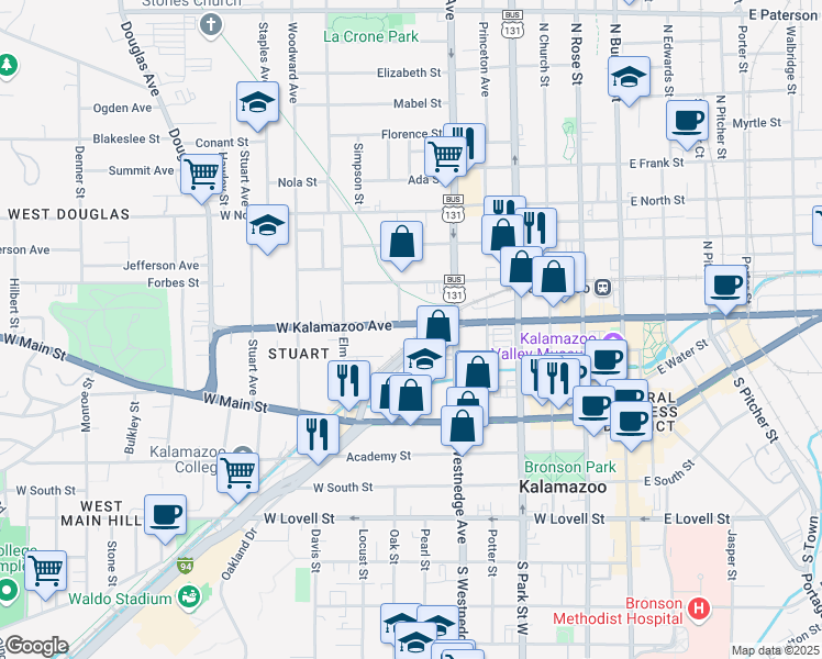map of restaurants, bars, coffee shops, grocery stores, and more near 605 West Kalamazoo Avenue in Kalamazoo