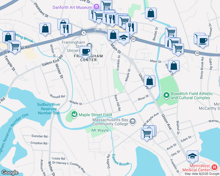 map of restaurants, bars, coffee shops, grocery stores, and more near 24 Swift Road in Framingham