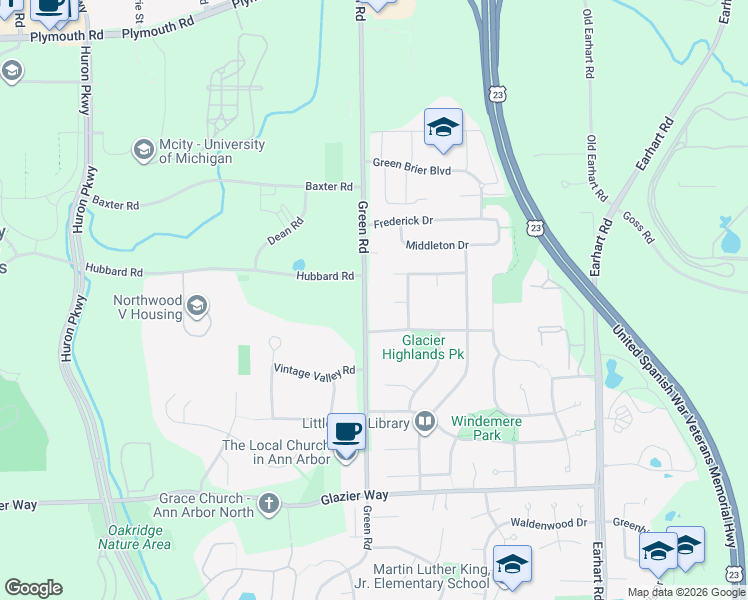 map of restaurants, bars, coffee shops, grocery stores, and more near 1436 Green Road in Ann Arbor