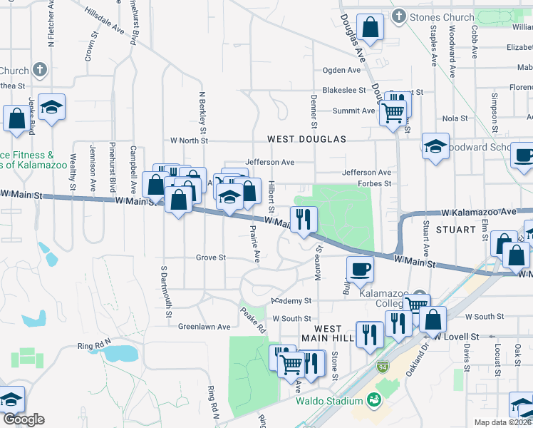 map of restaurants, bars, coffee shops, grocery stores, and more near in Kalamazoo