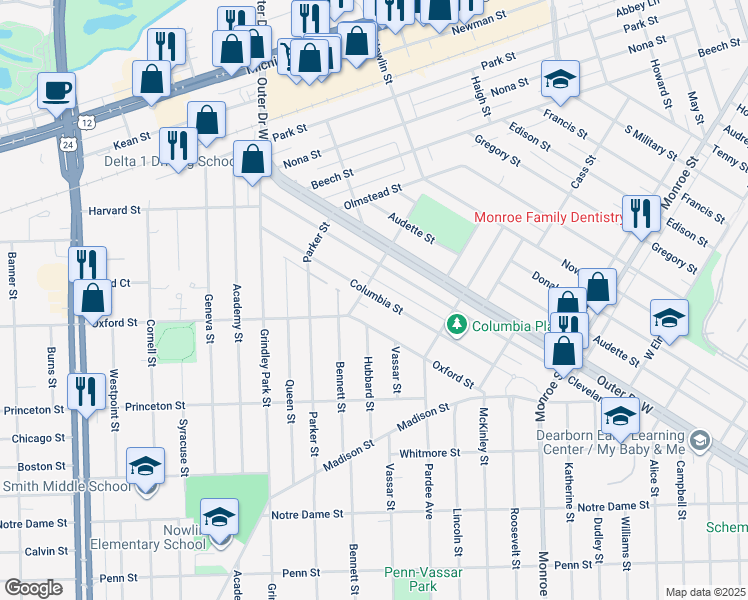 map of restaurants, bars, coffee shops, grocery stores, and more near 22920 Oxford Street in Dearborn